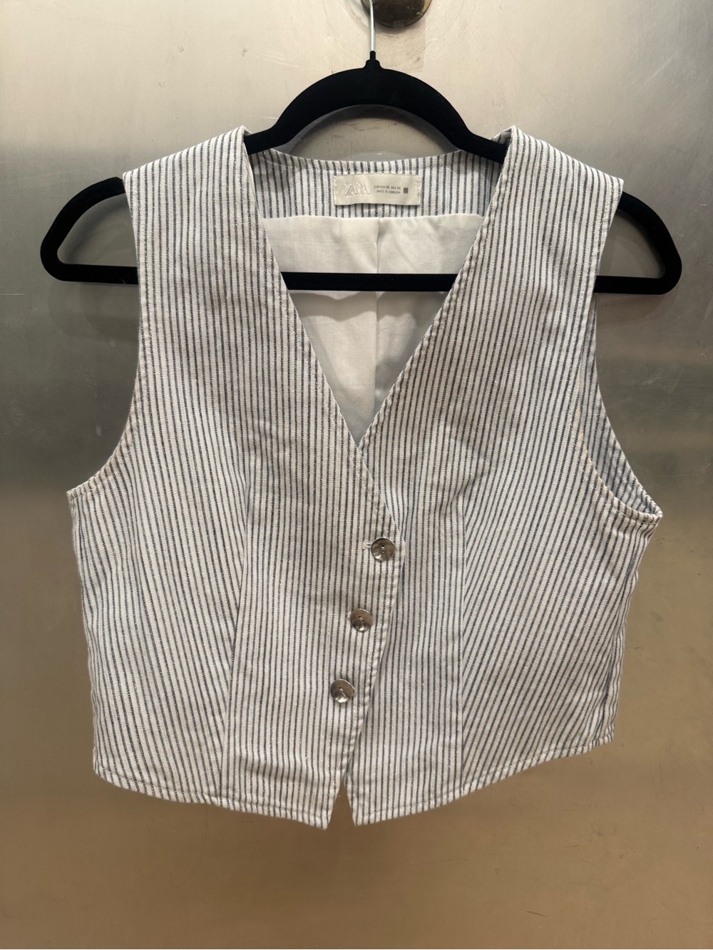 Women’s Metallic Striped V-Neck Button Vest - White & Navy